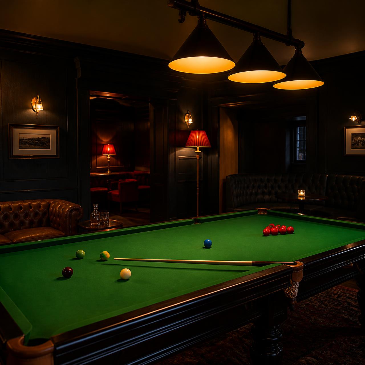 Snooker table under warm lounge lighting